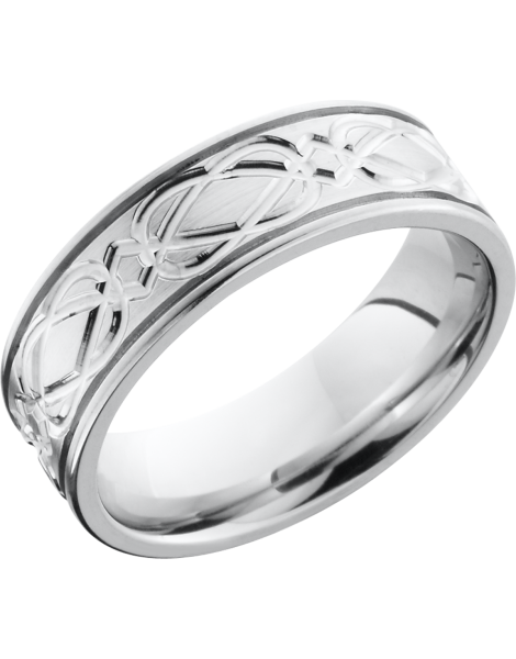 Cobalt chrome 7mm flat band with 2, .5mm grooves and a laser-carved Celtic weave pattern around the band