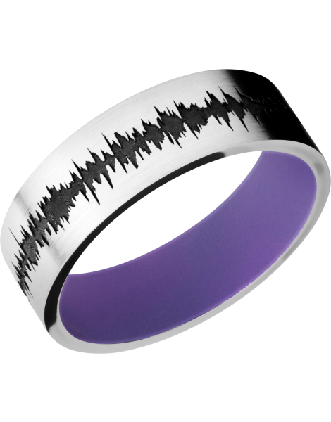 Cobalt chrome 7mm flat band with a laser-carved personalized soundwave and a Bright Purple Cerakote Sleeve