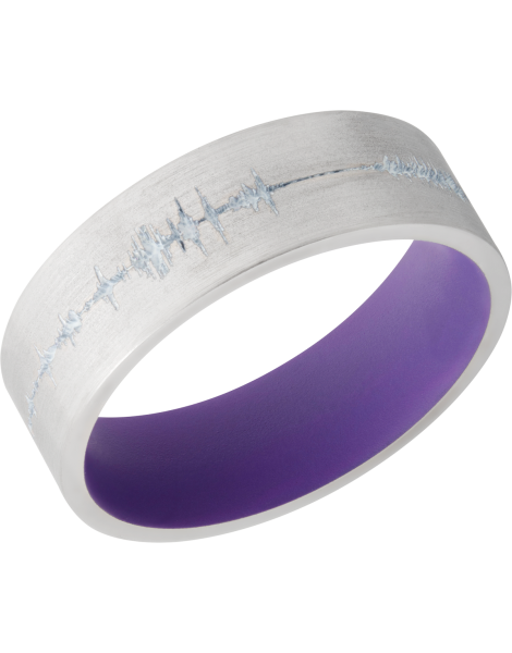 Cobalt chrome 7mm flat band with a laser-carved personalized soundwave and a Bright Purple Cerakote Sleeve