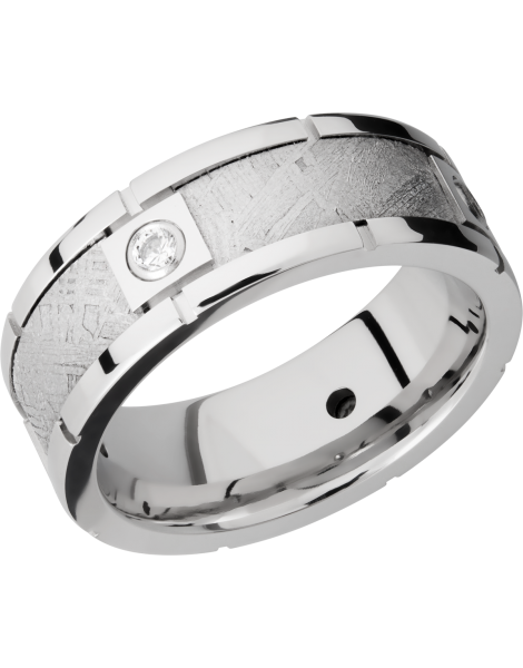 Cobalt chrome 8mm beveled band with four segments bezel-set with .07ct white diamonds in an inlay of authentic Gibeon Meteorite