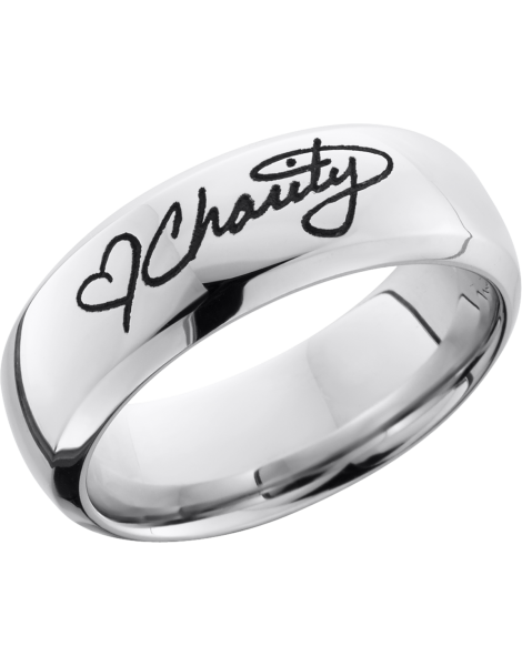 Cobalt chrome 8mm domed band with a laser-carved handwritten message