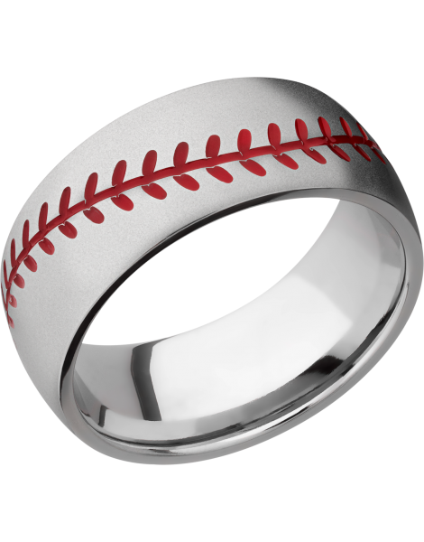 Cobalt chrome 8mm domed band with laser-carved baseball stitching and red Cerakote