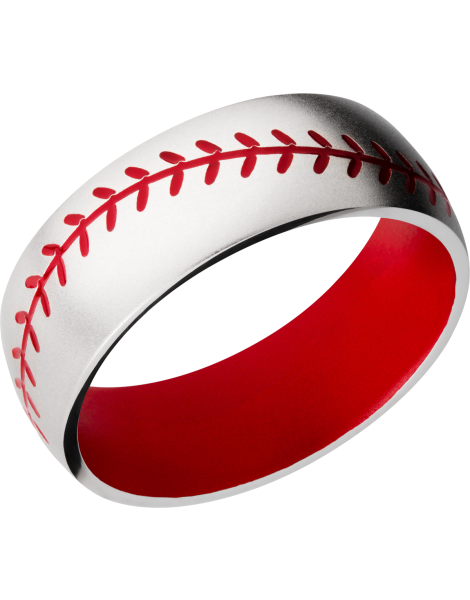 Cobalt chrome 8mm domed band with a red Cerakote sleeve and baseball stitching
