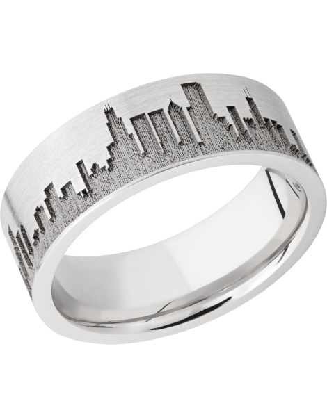 Cobalt chrome 8mm flat band with laser-carved Chicago skyline