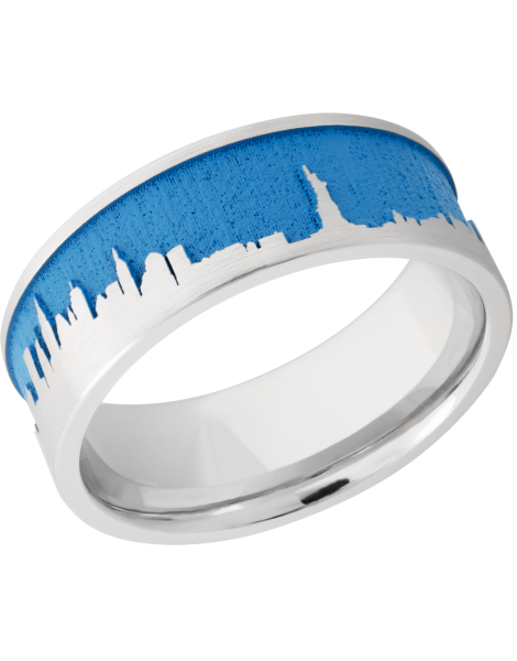 Cobalt chrome 8mm flat band with a laser-carved New York skyline featuring Sea Blue Cerakote in the recessed pattern