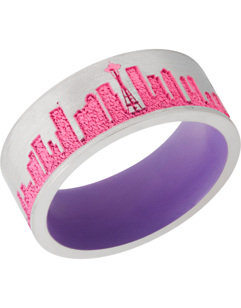 Cobalt chrome 8mm flat band with a laser-carved New York skyline featuring Pink Cerakote in the recessed pattern and Bright Purple Cerakote on the sleeve