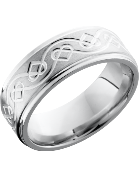Cobalt chrome 8mm flat band with grooved edges and a laser-carved Celtic heart pattern