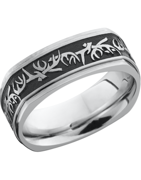 Cobalt chrome 8mm flat square band with a laser-carved antler pattern