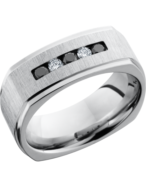 Cobalt chrome 8mm flat band with grooved edges featuring 3, .5ct black diamonds and 2, .5ct white diamonds