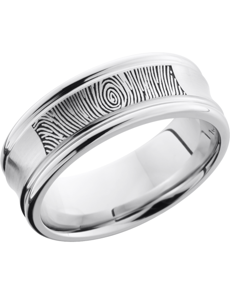 Cobalt chrome 8mm concave band with rounded edges and a laser-carved fingerprint