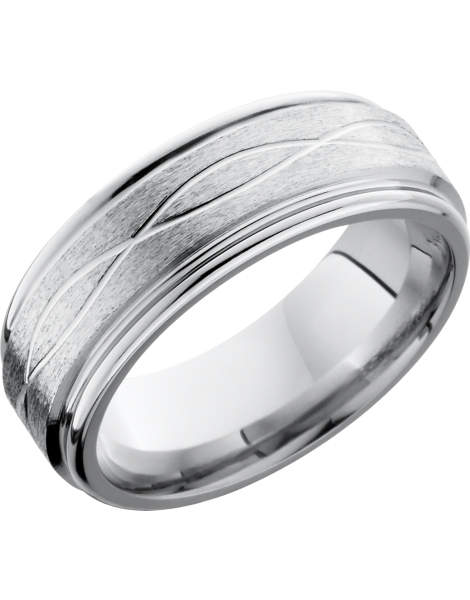 Cobalt chrome 8mm flat band with rounded edges and a laser-carved infinity pattern