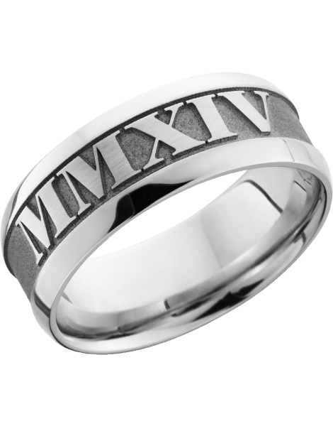 Cobalt chrome 8mm band with a reverse laser-carving of roman numerals