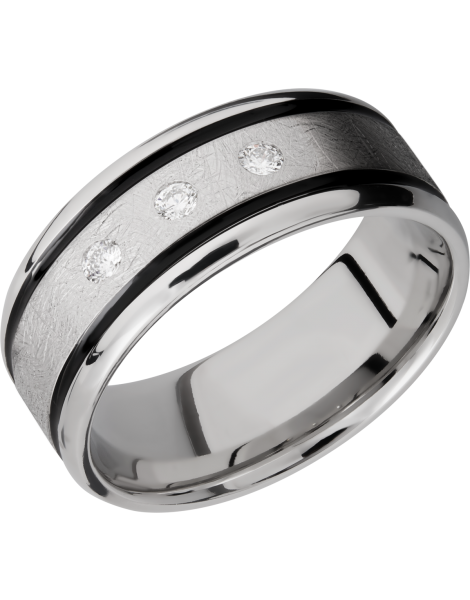 Cobalt chrome 9mm beveled band with black Cerakote in grooves and 3, .05ct flush-set diamonds