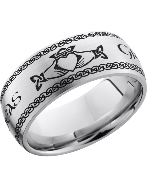 Cobalt chrome 9mm domed band with a laser-carved Claddagh pattern