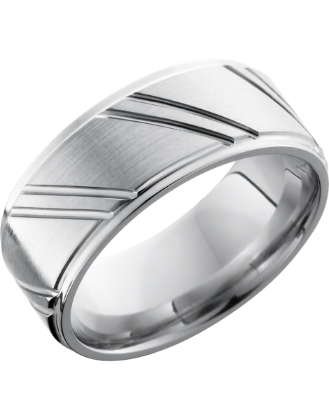 Cobalt chrome 9mm flat band with grooved edges and laser-carved stripes
