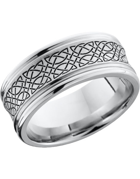 Cobalt chrome 9mm concave band with rounded edges and a laser-carved Celtic pattern