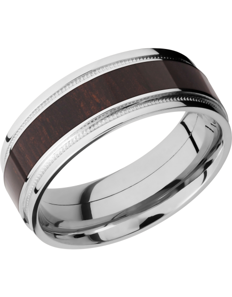 Cobalt chrome 8mm flat band with grooved edges, reverse milgrain detail and an inlay of Wenge hardwood