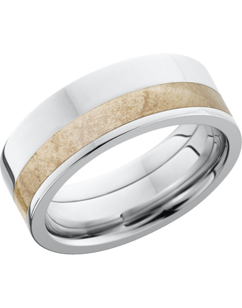 Cobalt chrome 9mm flat band with an off-center inlay of Boxelder Burl hardwood