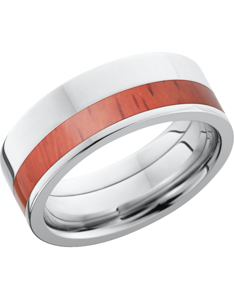 Cobalt chrome 9mm flat band with an off-center inlay of Padauk hardwood