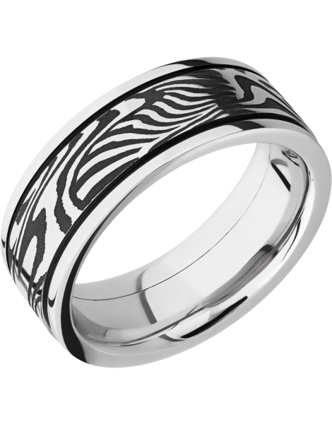 Cobalt chrome 8mm flat band with an inlay of handmade sunset Damascus steel accented with MGA on either side