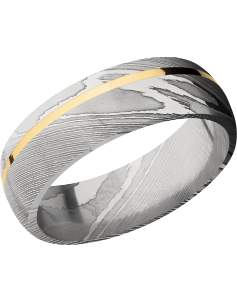 Handmade 7mm Damascus steel band with an off center inlay of 14K yellow gold
