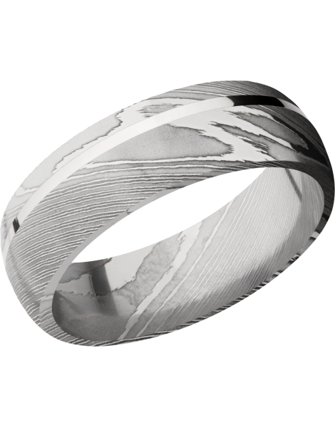Handmade 7mm Damascus steel band with an off center inlay of sterling silver