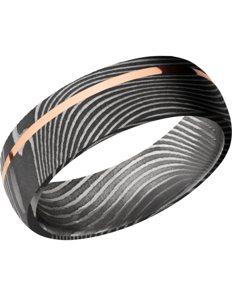 Handmade 7mm flattwist Damascus steel band with an off center inlay of 14K rose gold