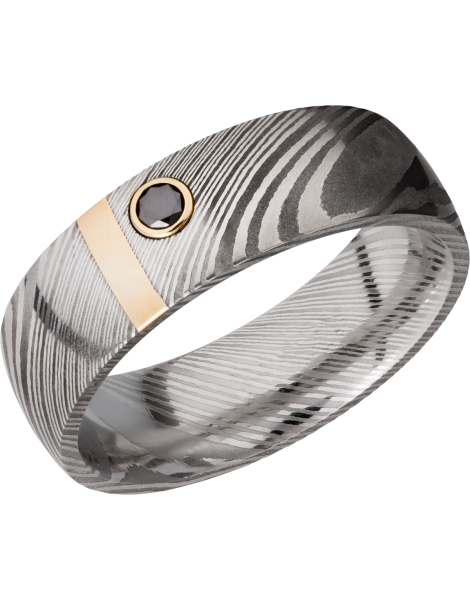 Handmade 7mm zebra Damascus steel band with a vertical inlay of 14K yellow gold and bezel-set black diamond
