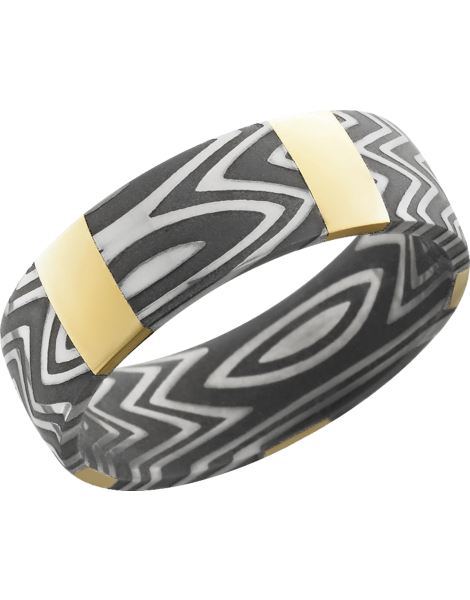 Handmade 7mm zebra Damascus steel band with 5 vertical inlays of 14K yellow gold