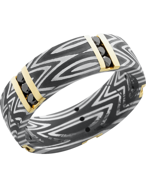 Handmade 7mm zebra Damascus steel band with 5 vertical inlays of 14K yellow gold and 15, .04ct channel-set black diamonds