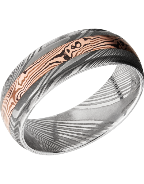 Handmade 7mm Damascus steel band featuring an inlay of Mokume Gane