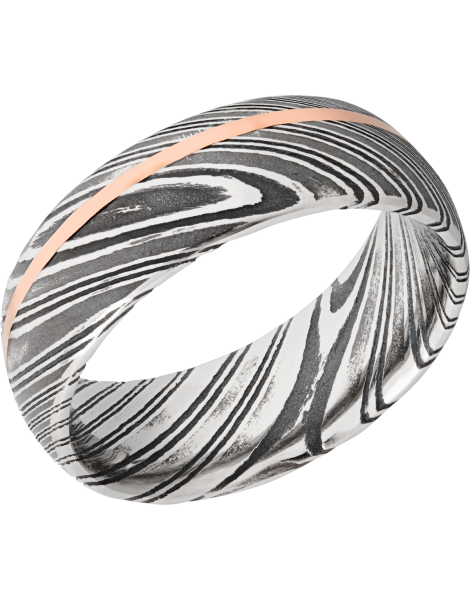 Handmade 8mm woodgrain Damascus steel band with an off center inlay of 14K rose gold