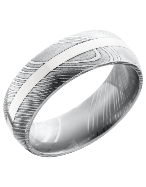 Handmade 8mm Damascus steel domed band with an inlay of 14K white gold