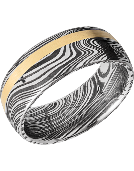 Handmade 8mm marble Damascus steel domed band with an off center inlay of 14K yellow gold
