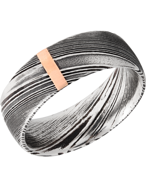 Handmade 8mm woodgrain Damascus steel domed band with 1, 2mm vertical inlays of 14K rose gold
