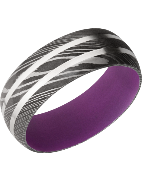 Damascus steel domed band with 2, 1mm inlays of Sterling Silver and a Wild Purple Cerakote sleeve
