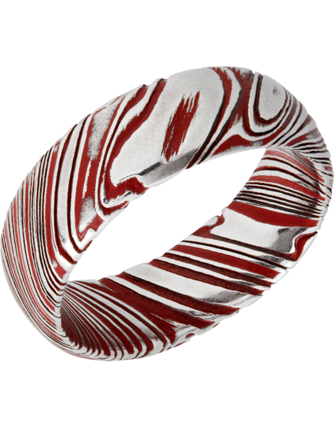Woodgrain Damascus steel 8mm domed band beveled edges and red Cerakote in the recessed pattern
