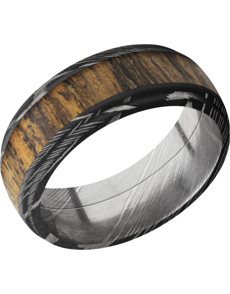 Damascus steel 8mm domed band with grooved edges and an inlay of Bocote hardwood