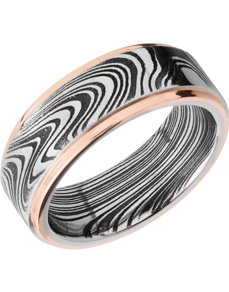 Handmade 8mm marble Damascus steel flat band with 14K rose gold grooved edges