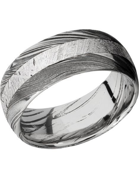 Handmade 9mm Woodgrain Damascus steel band with an inlay of authentic Gibeon Meteorite