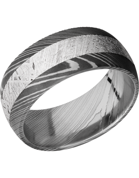 Handmade 9mm Damascus steel band with an inlay of authentic Gibeon Meteorite