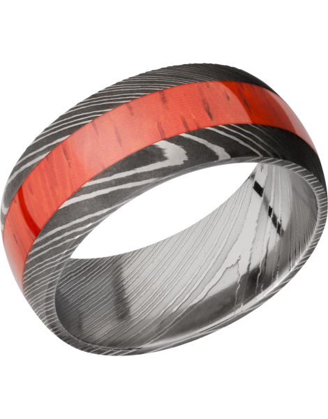 Handmade 9mm Damascus steel band with an inlay of exotic Padauk hardwood