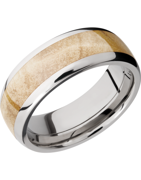 Titanium 8mm domed band with an inlay of Boxelder Burl hardwood