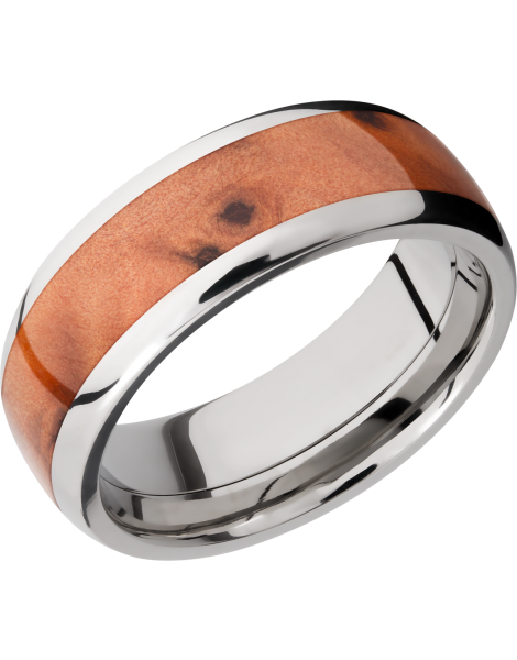 Titanium 8mm domed band with an inlay of Thuya Burl hardwood