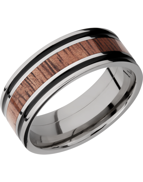 Titanium 8mm flat band with antiquing on both sides of an Koa hardwood inlay