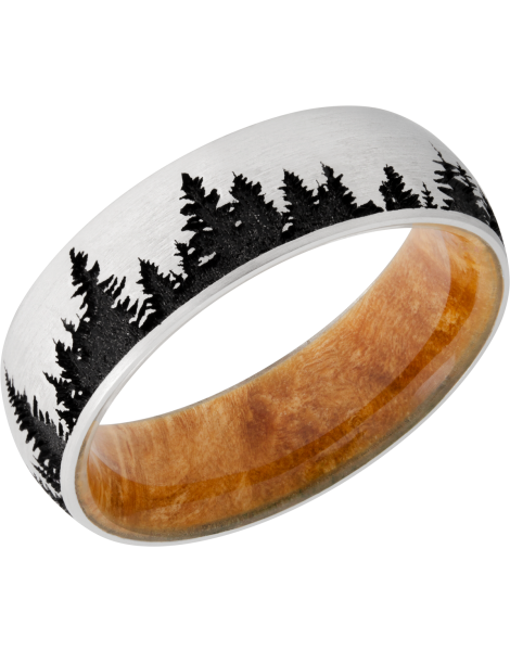 Cobalt chrome 7mm domed band featuring a laser-engraved tree pattern and a hardwood sleeve of Boxelder Burl