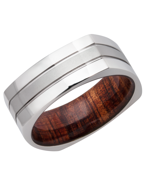 Cobalt chrome 8mm flat square band with a hardwood sleeve of Koa