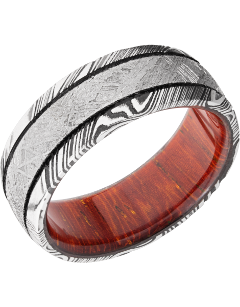 Handmade 8mm Damascus steel domed band with an inlay of authentic Gibeon meteorite and a hardwood sleeve of Padauk