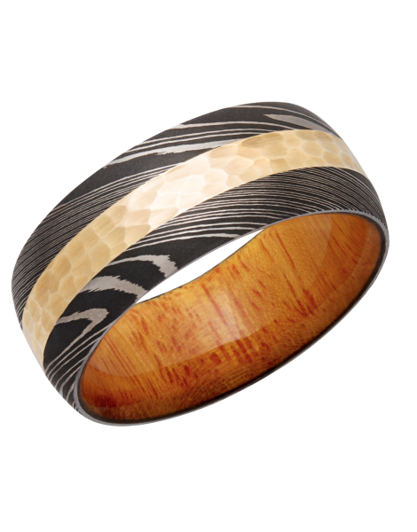 Handmade 9mm Damascus steel domed band with an inlay of 14K yellow gold and a hardwood sleeve of Osage Orange