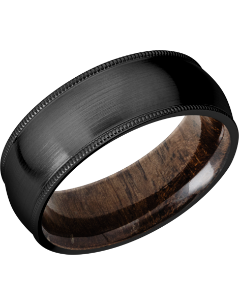 Zirconium 8mm domed band with milgrain edges and a sleeve of Walnut hardwood